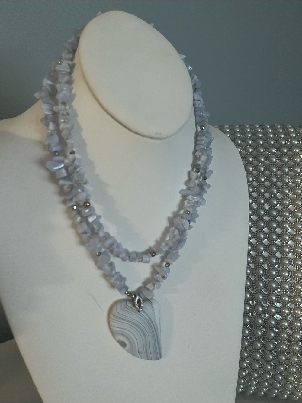 Natural stone Chalcedony Necklace Natural Stone Heart Pendant Silver Hematite.